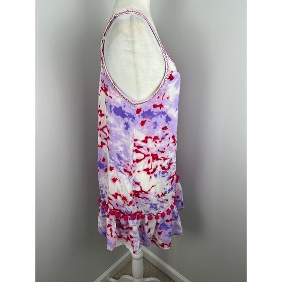 Miken Swim Sheer Purple Red Tie Dye Pom Pom Swim Beach Coverup M - Picture 2 of 6